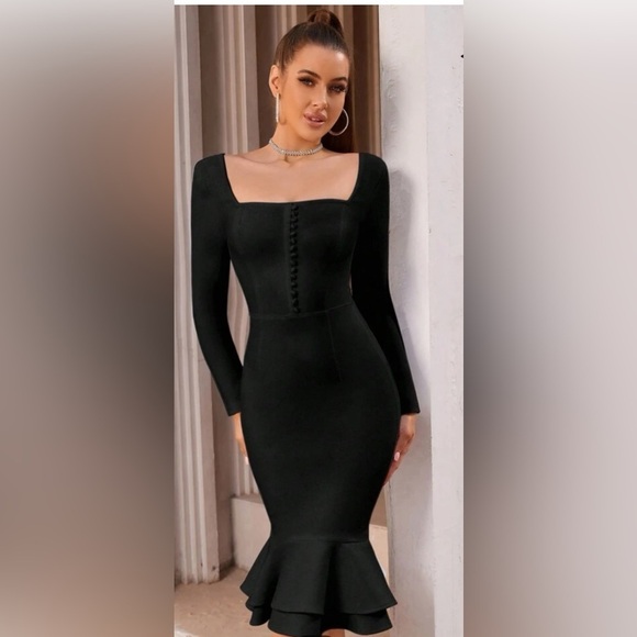 Women's Black Square Neck Button Front Stretch Outdoor Bodycon Dress Size Large - Picture 3 of 4